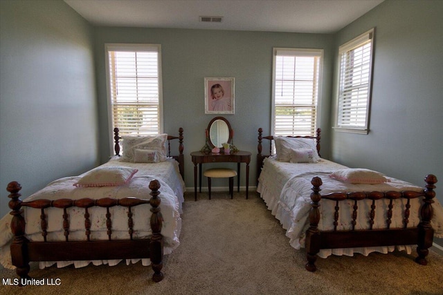 carpeted bedroom with multiple windows