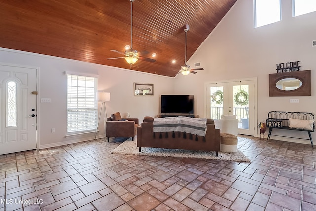 living room with wooden ceiling, plenty of natural light, and baseboards