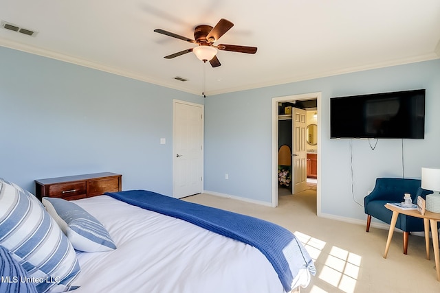 bedroom featuring visible vents, crown molding, light carpet, and baseboards