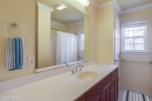 bathroom featuring tile patterned flooring, visible vents, crown molding, and vanity