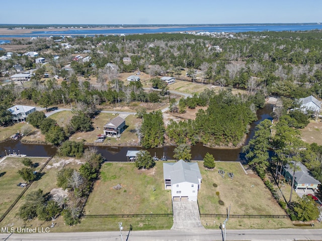 aerial view featuring a water view