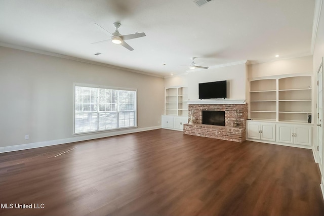 unfurnished living room featuring a fireplace, baseboards, dark wood finished floors, and ornamental molding