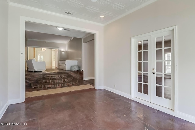 interior space with visible vents, baseboards, ornamental molding, french doors, and an ornate ceiling