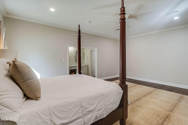 bedroom featuring recessed lighting, visible vents, ornamental molding, wood finished floors, and baseboards