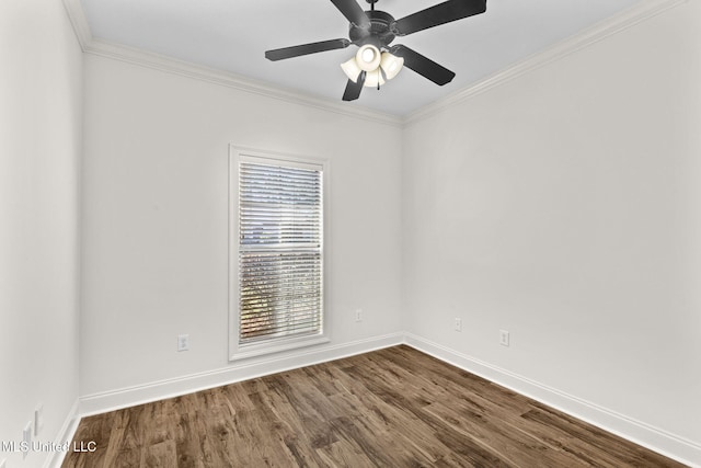 empty room with hardwood / wood-style floors, ceiling fan, and crown molding