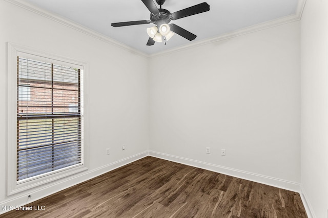 unfurnished room featuring ceiling fan, dark hardwood / wood-style flooring, and ornamental molding