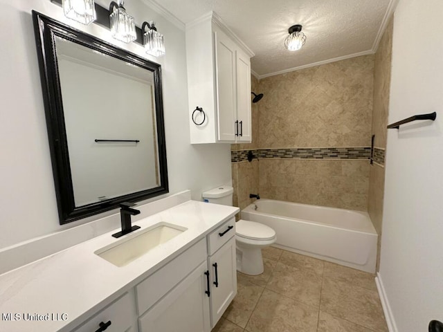 full bath with vanity,  shower combination, tile patterned flooring, a textured ceiling, and toilet