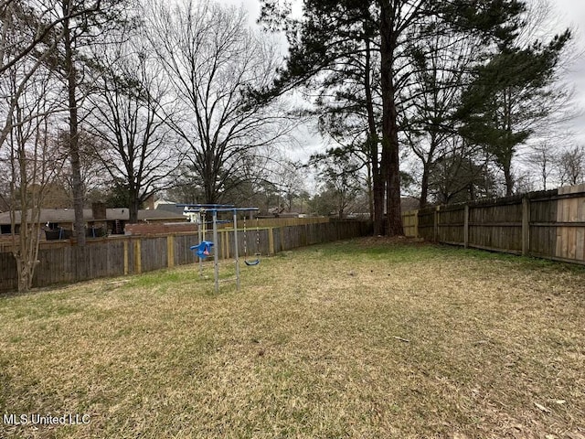 view of yard with a fenced backyard and a playground