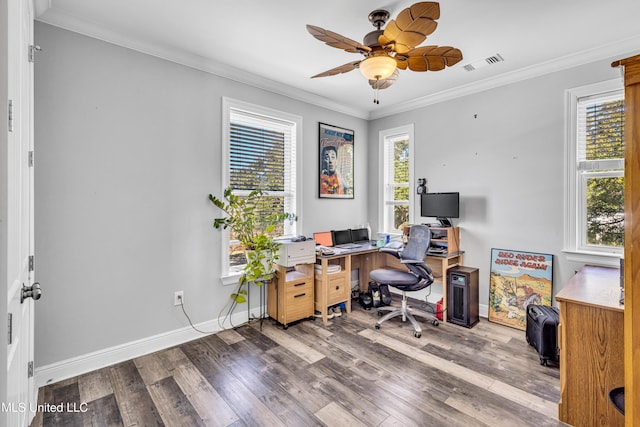 office with a healthy amount of sunlight, hardwood / wood-style flooring, and ornamental molding