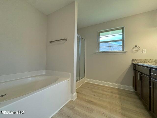 bathroom with separate shower and tub, vanity, and wood-type flooring