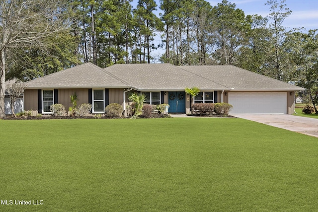 ranch-style house with an attached garage, roof with shingles, concrete driveway, and a front yard