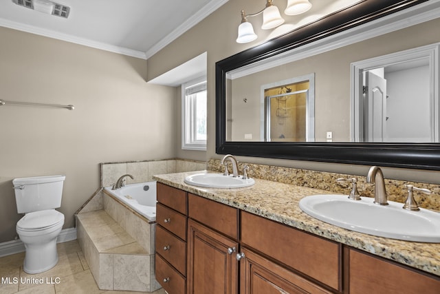 full bath with a sink, visible vents, ornamental molding, and a bath