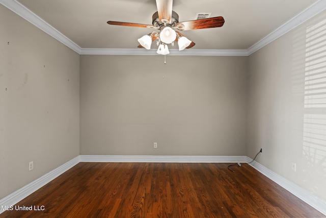 empty room featuring baseboards, wood finished floors, ceiling fan, and crown molding