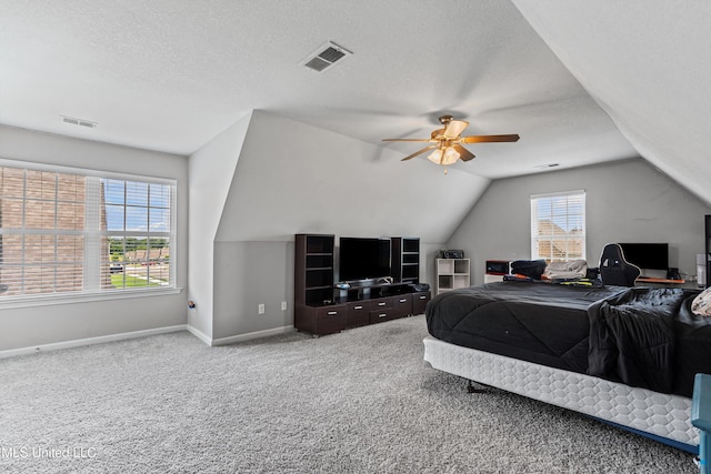 275 Magnolia Gardens Dr, Hernando, MS 38632 - bedroom with lofted ceiling, carpet floors, ceiling fan, and a textured ceiling