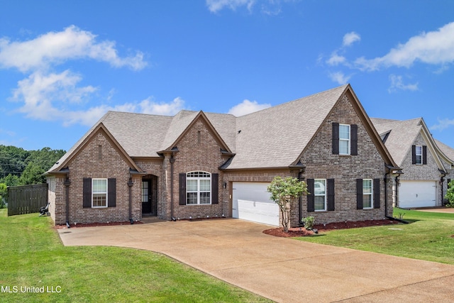275 Magnolia Gardens Dr, Hernando, MS 38632 - view of front facade with brick siding, driveway, a front yard, a shingled roof, and an attached garage