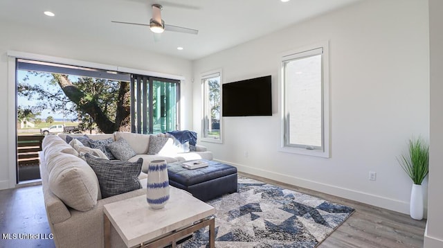 living room with hardwood / wood-style floors and ceiling fan