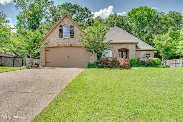 view of front of property featuring fence, a shingled roof, brick siding, a front yard, and concrete driveway