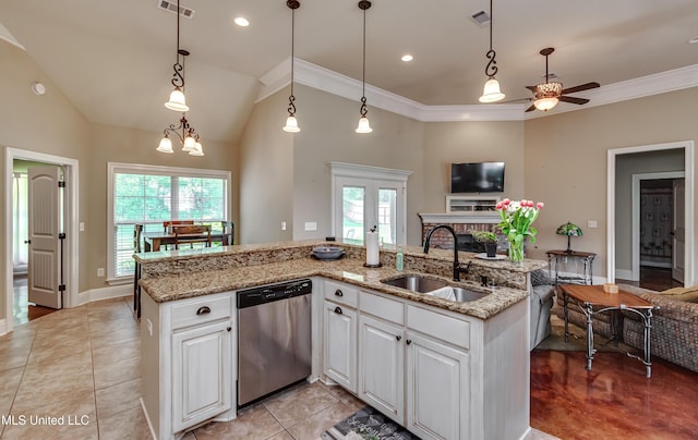 kitchen with a sink, dishwasher, a ceiling fan, open floor plan, and visible vents