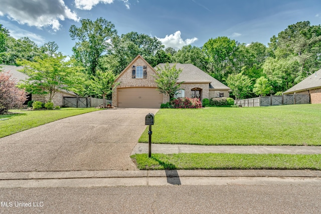 view of front of home with a front lawn, fence, brick siding, a gate, and concrete driveway