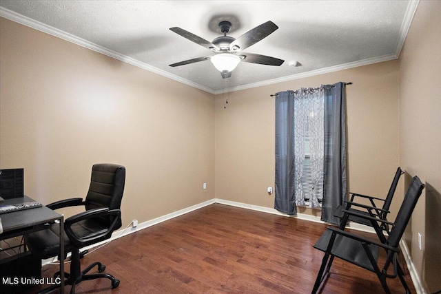 home office featuring a ceiling fan, wood finished floors, crown molding, and baseboards