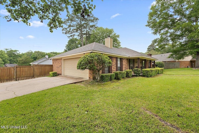 view of front of property featuring a garage, concrete driveway, brick siding, and a chimney