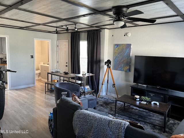 living room with wood-type flooring and ceiling fan