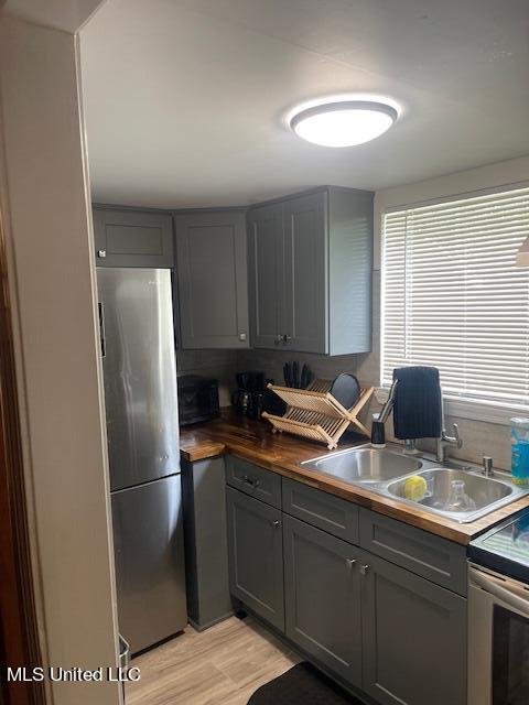 kitchen with gray cabinets, sink, appliances with stainless steel finishes, and butcher block counters