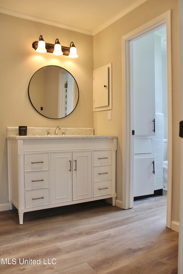 bathroom featuring vanity, hardwood / wood-style flooring, and ornamental molding