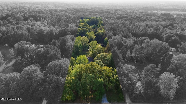 bird's eye view featuring a wooded view