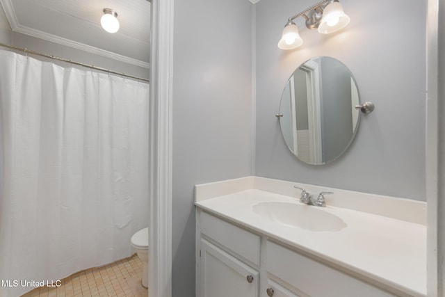 full bath with toilet, a shower with curtain, ornamental molding, tile patterned flooring, and vanity