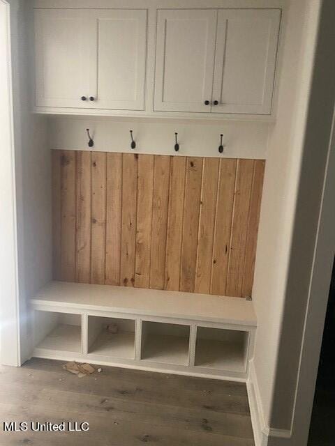 mudroom with hardwood / wood-style flooring