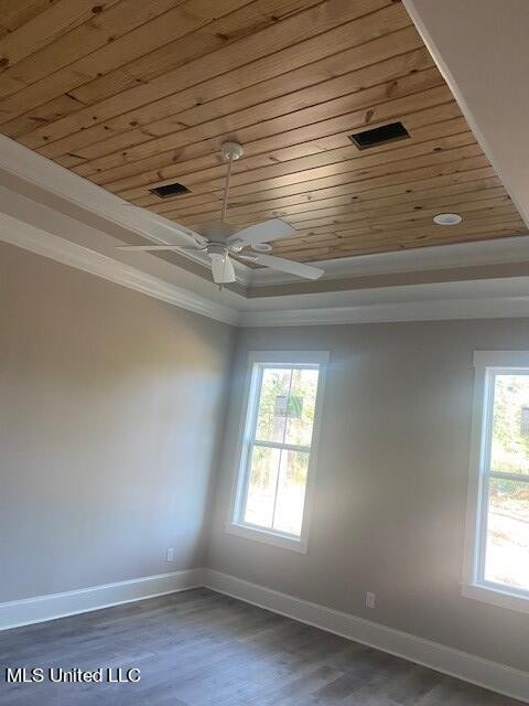 unfurnished room with wood ceiling, a healthy amount of sunlight, and dark hardwood / wood-style flooring