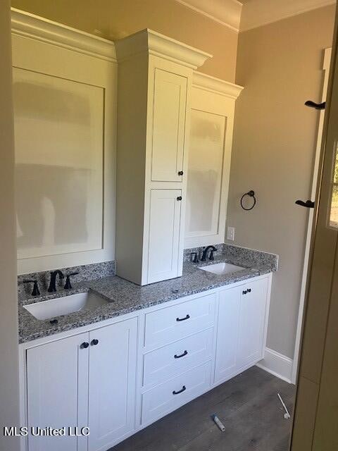 bathroom with vanity and wood-type flooring