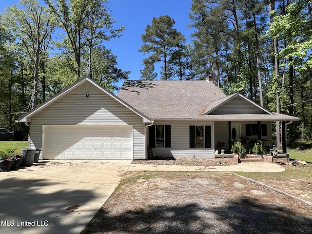 110 Hawks Nest Cv, Brandon, MS 39042 - view of front facade with a garage, concrete driveway, a porch, a chimney, and roof with shingles