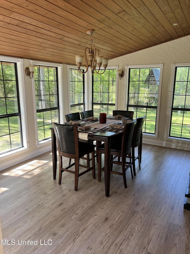 110 Hawks Nest Cv, Brandon, MS 39042 - dining area featuring a chandelier, lofted ceiling, healthy amount of natural light, wood ceiling, and wood finished floors