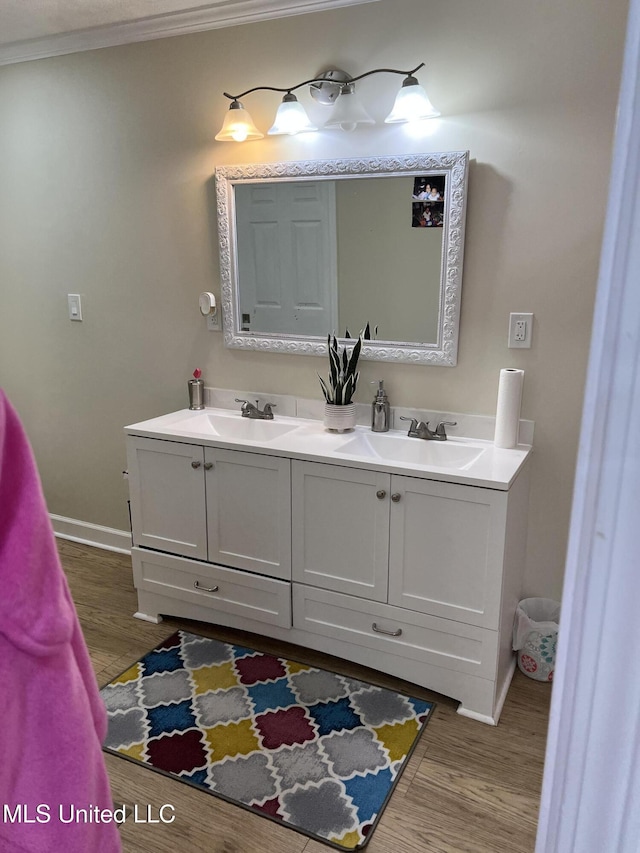 110 Hawks Nest Cv, Brandon, MS 39042 - bathroom featuring double vanity, wood finished floors, and crown molding