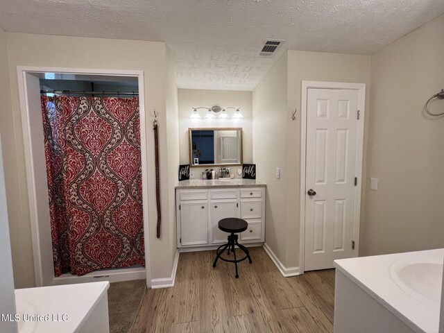 110 Hawks Nest Cv, Brandon, MS 39042 - bathroom featuring vanity, wood finished floors, a textured ceiling, and a shower with shower curtain