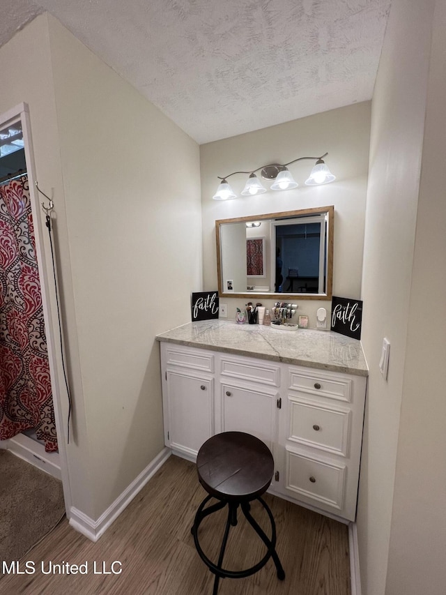 110 Hawks Nest Cv, Brandon, MS 39042 - bathroom featuring wood finished floors, vanity, a textured ceiling, and a shower with curtain