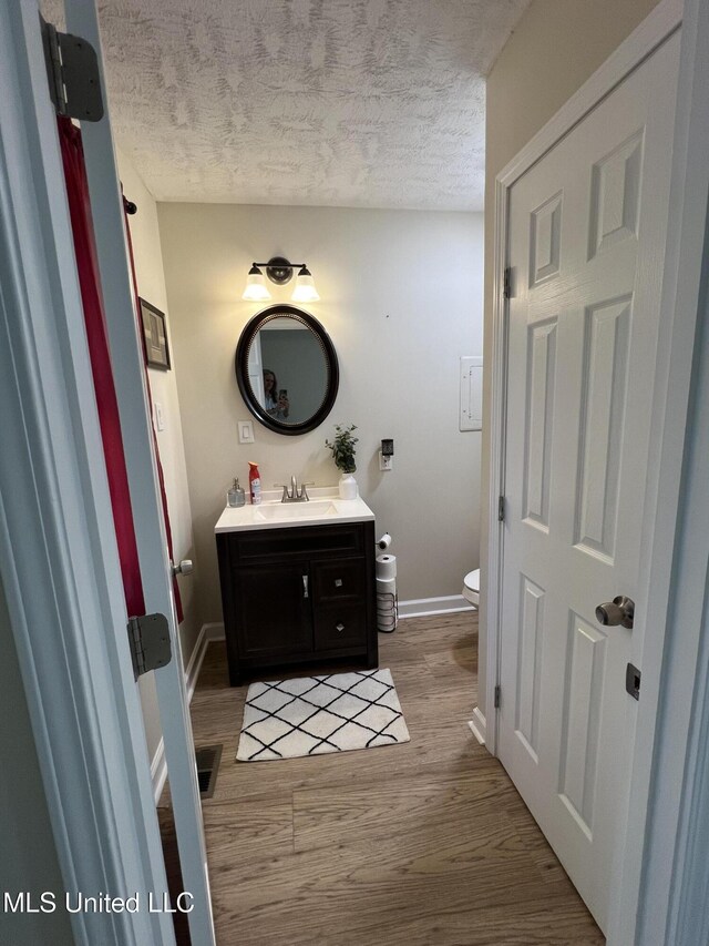 110 Hawks Nest Cv, Brandon, MS 39042 - half bath featuring vanity, wood finished floors, and a textured ceiling