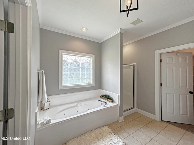 bathroom with tile patterned floors, crown molding, and separate shower and tub