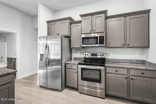 kitchen with gray cabinetry, light hardwood / wood-style flooring, and appliances with stainless steel finishes