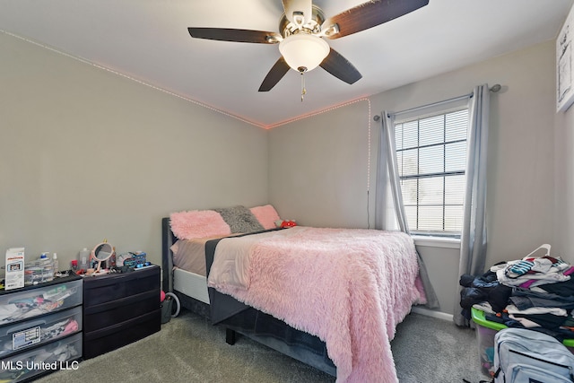 carpeted bedroom with ceiling fan