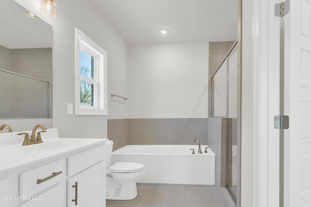 10243 March Meadows Way, Olive Branch, MS 38654 - bathroom with a bath, vanity, a stall shower, toilet, and tile patterned flooring