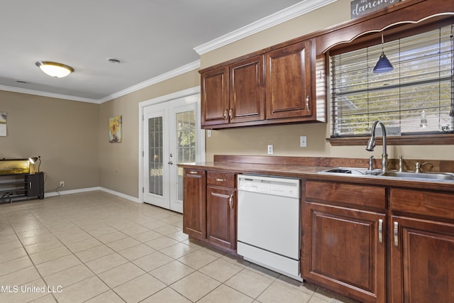 kitchen featuring dishwasher, french doors, crown molding, sink, and light tile patterned flooring