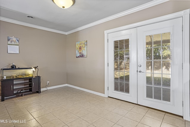 doorway to outside featuring french doors, light tile patterned floors, and ornamental molding