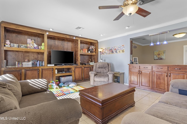 living room with ceiling fan, light tile patterned floors, and ornamental molding