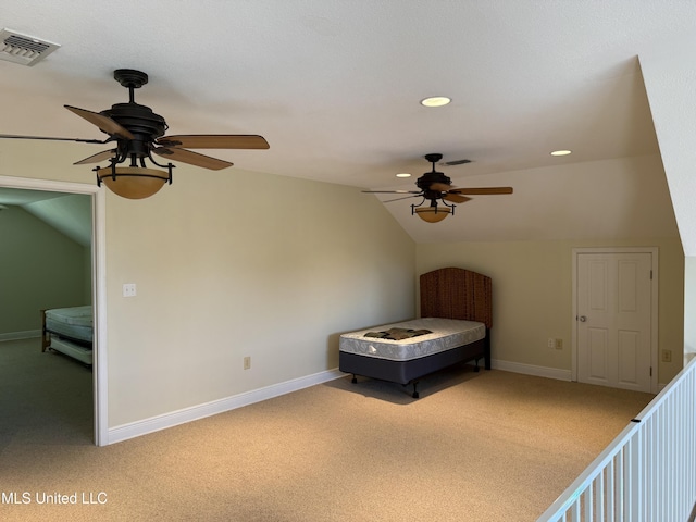 4013 Haiti St, Bay Saint Louis, MS 39520 - bedroom featuring light carpet, baseboards, lofted ceiling, visible vents, and recessed lighting
