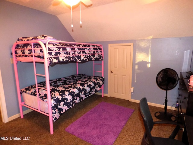 bedroom with carpet, lofted ceiling, and ceiling fan