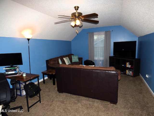 living room featuring lofted ceiling, carpet flooring, and a textured ceiling