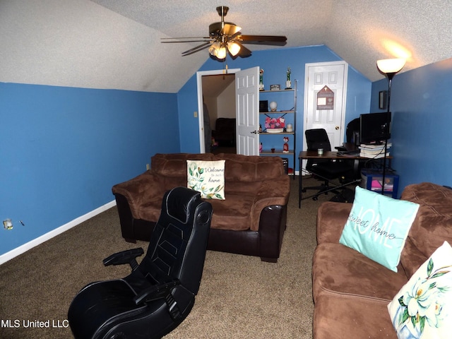 living room featuring ceiling fan, vaulted ceiling, carpet, and a textured ceiling